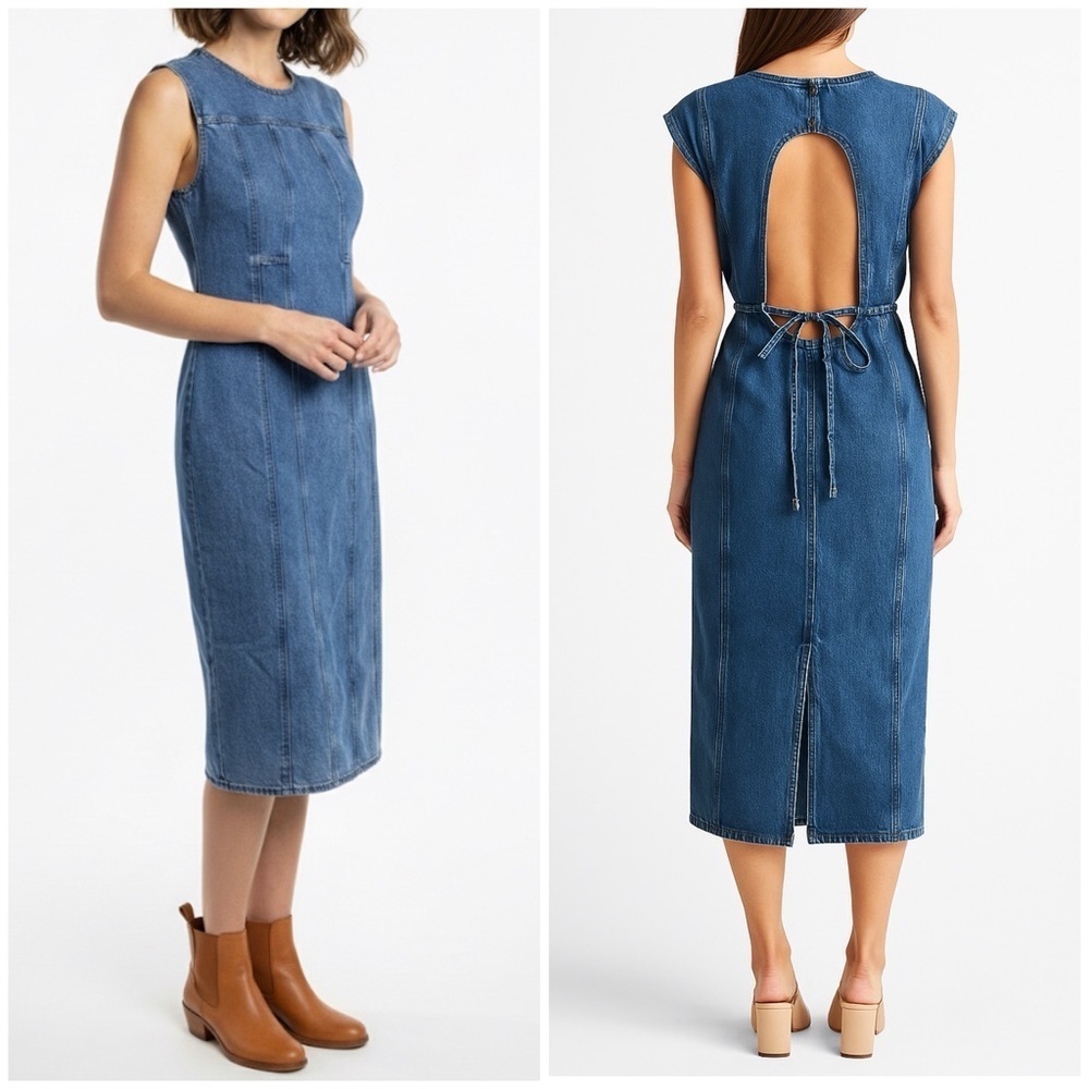 NWT DALA 31 Open Back Column Dress Cornflower Blue Denim Midi Sz 31